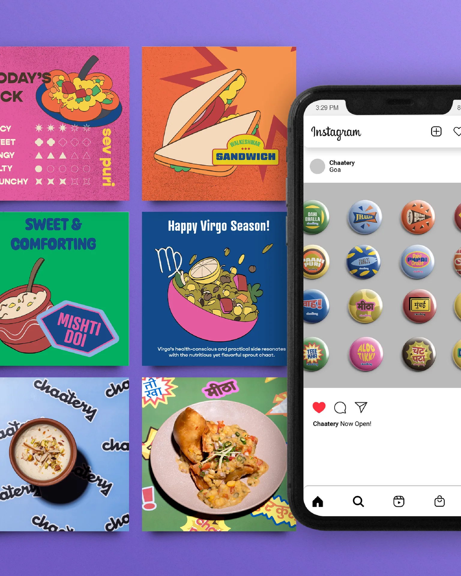 CHAATERY - Social media content grid with illustrated posts and Instagram mockup