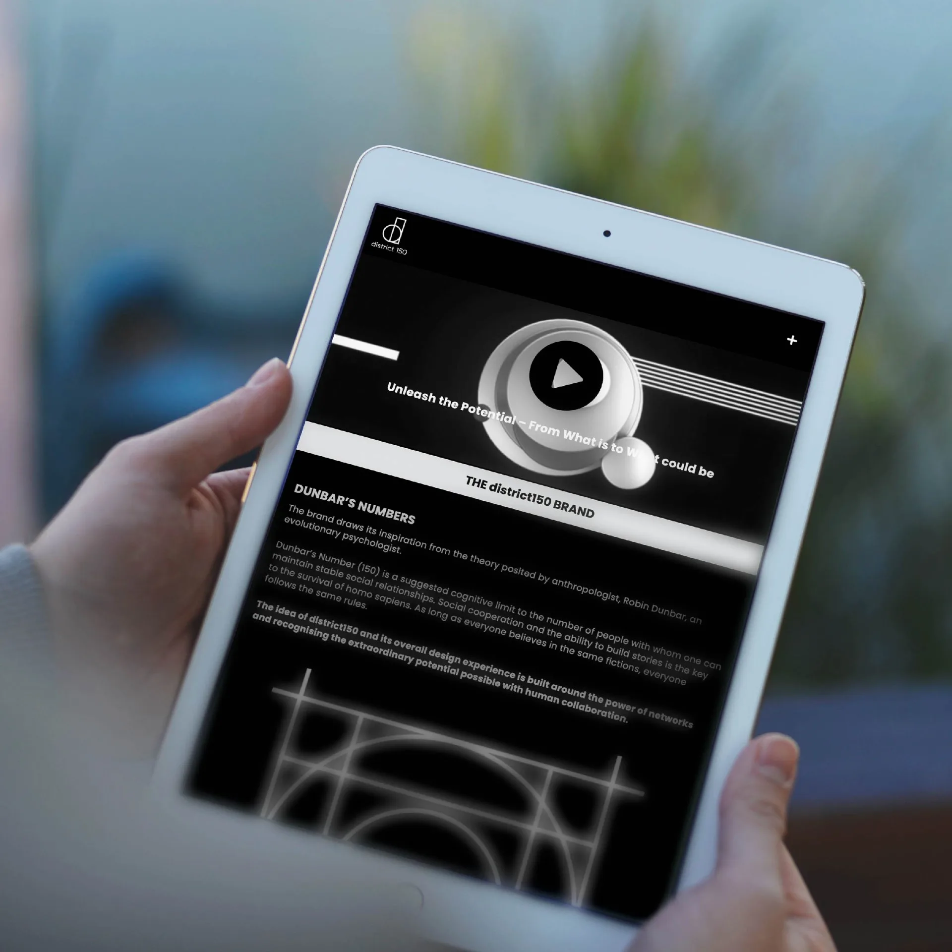 District 150 - Tablet application showing brand presentation and Dunbar's Numbers concept