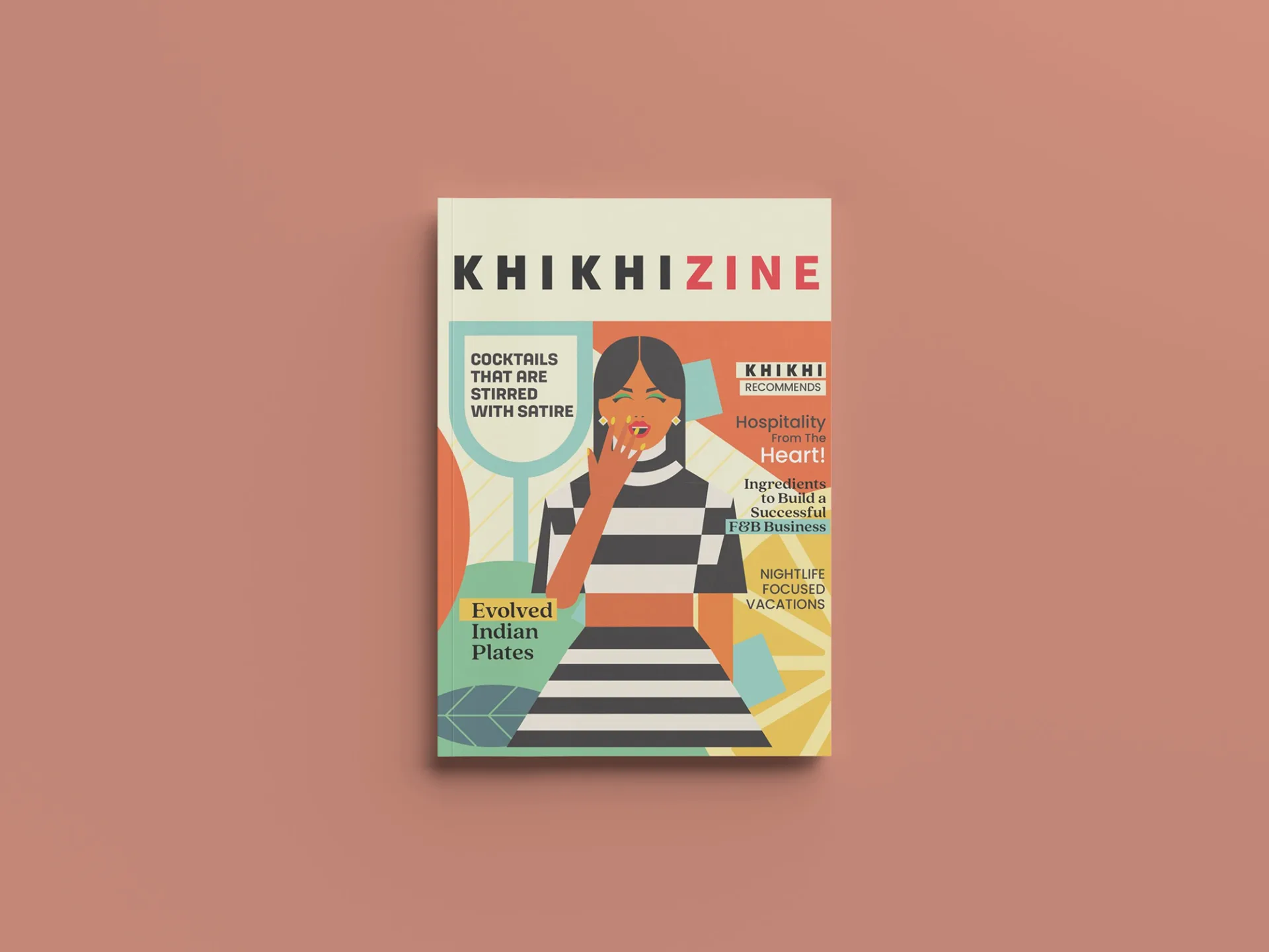 KHIKHIZINE magazine cover featuring illustrated woman with cocktails and brand elements, showcasing editorial design applications
