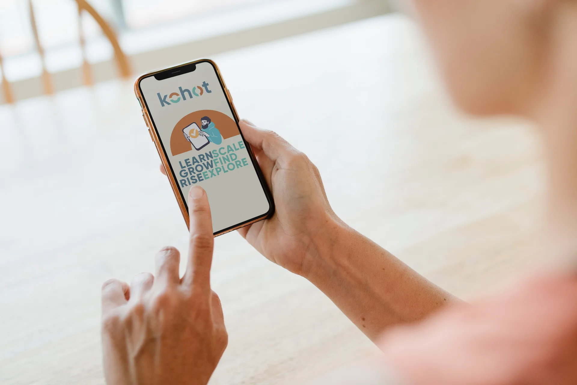 KOHOT - Mobile app screen showing Learn Scale Grow Find Rise Explore messaging with illustration
