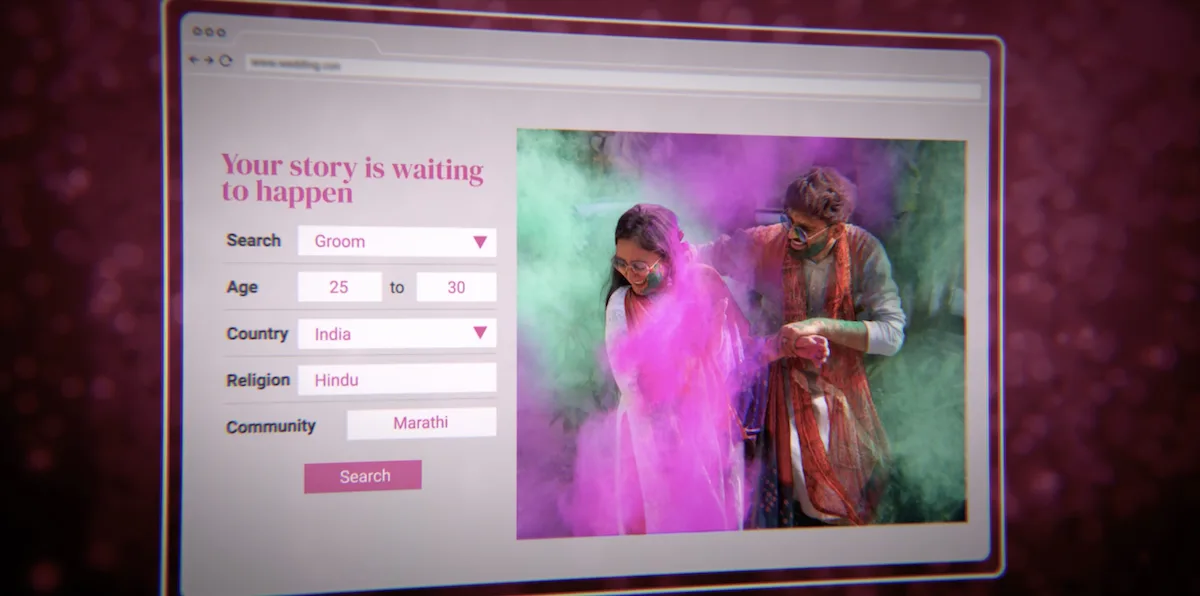Wedding.con documentary graphic - Matrimonial website search interface showing 'Your story is waiting to happen'