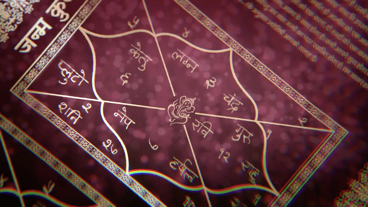 Wedding.con documentary graphic - Traditional astrological chart in Hindi showing marriage compatibility