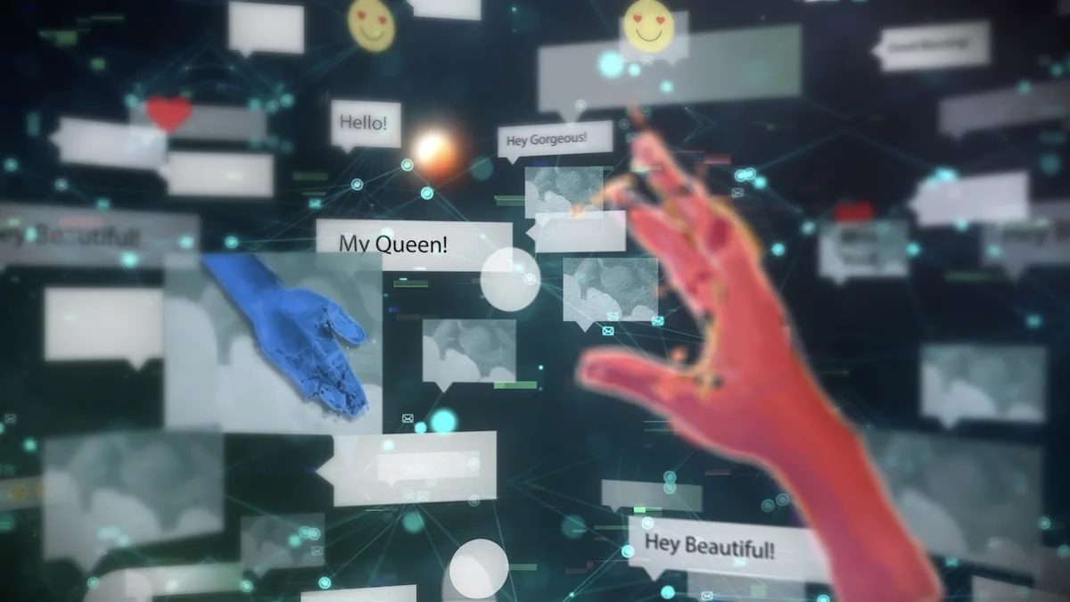 Wedding.con documentary still - Digital chat interface showing deceptive messages between fraudsters and victims